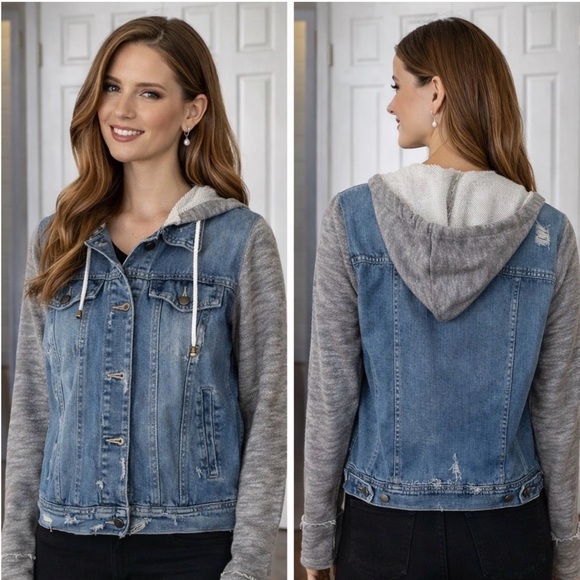 Free People Blue Denim Jacket with Gray Hood - Picture 2 of 7